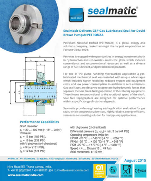 Sealmatic Delivers GSP gas Lubricated Seal for David Brown Pump at PETRONAS
